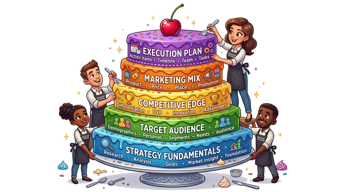 Four people build a multi-tiered cake representing business strategy, from fundamentals to execution.