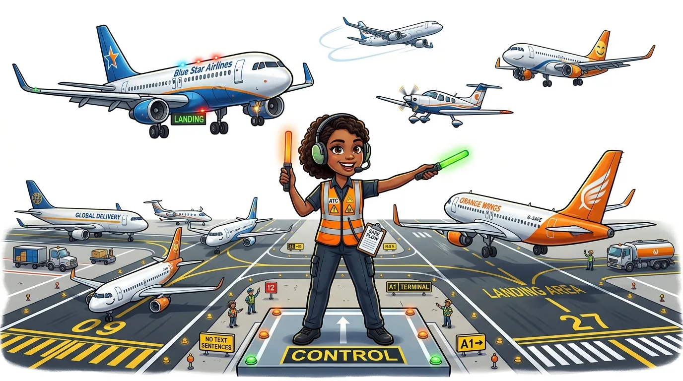 A cartoon airport scene with an air traffic controller directing various airplanes.