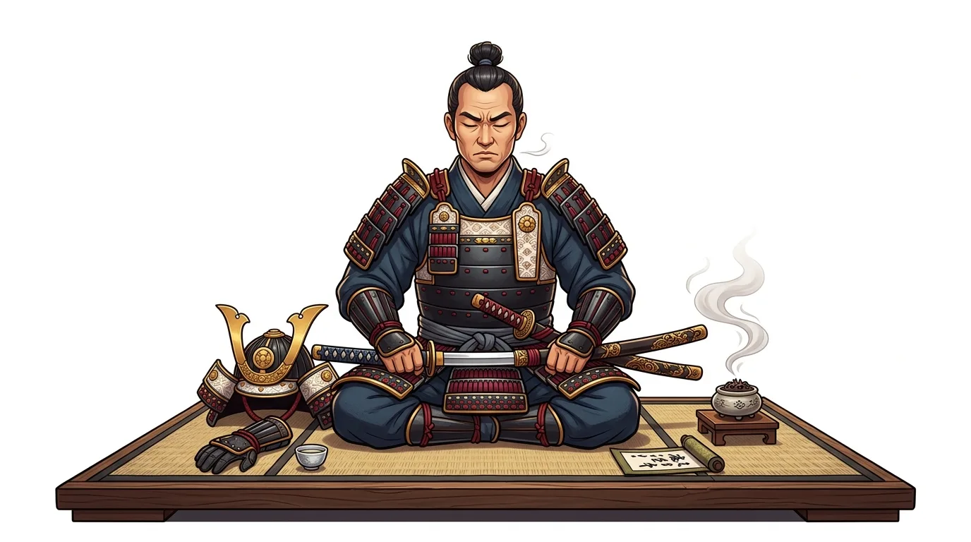 A samurai in full armor meditates with his swords, helmet, and incense on a tatami mat.