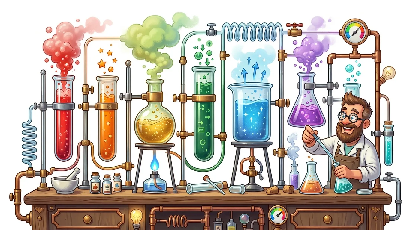 A whimsical cartoon of a scientist in a lab with colorful, bubbling experiments.