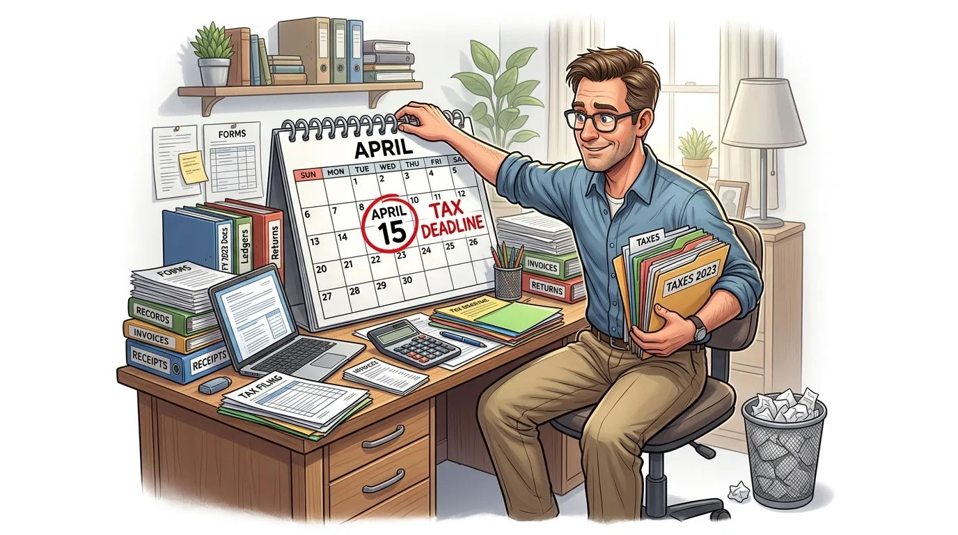 A man at a desk with tax documents and a calendar marking the April 15th tax deadline.