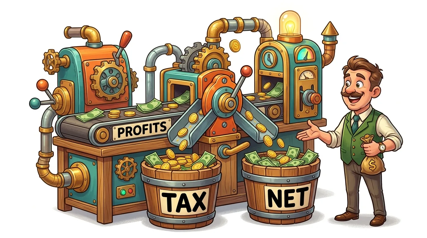 A cartoon man stands next to a steampunk-style machine that processes profits into tax and net income.