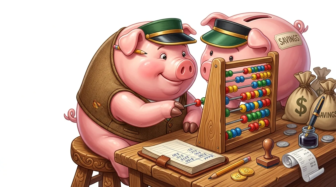 Two cartoon pigs, one calculating with an abacus, the other a piggy bank, on a desk with financial items.