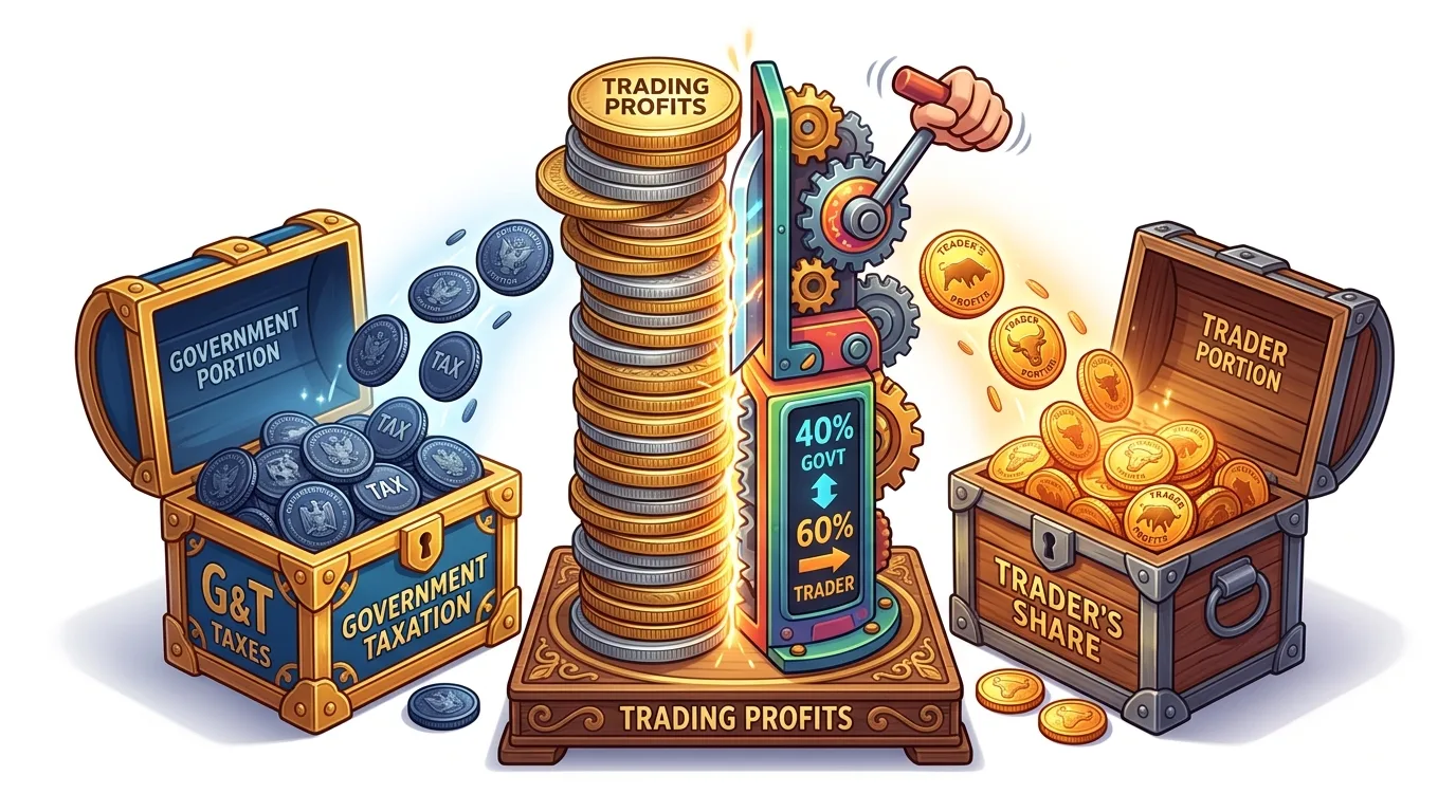 An illustration showing trading profits being split between government taxes and a trader's share.