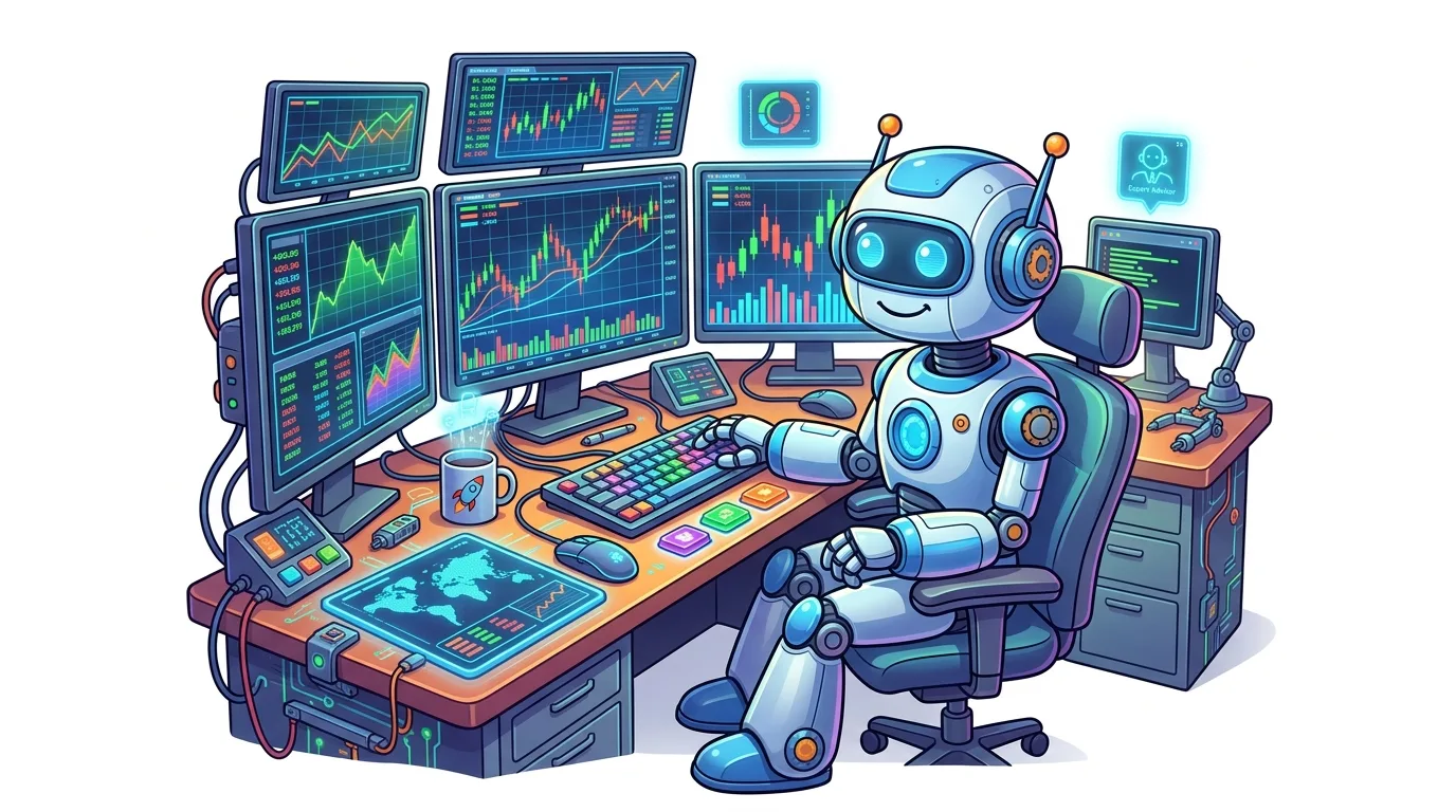 A cartoon robot sits at a multi-monitor desk, actively engaged in trading and data analysis.