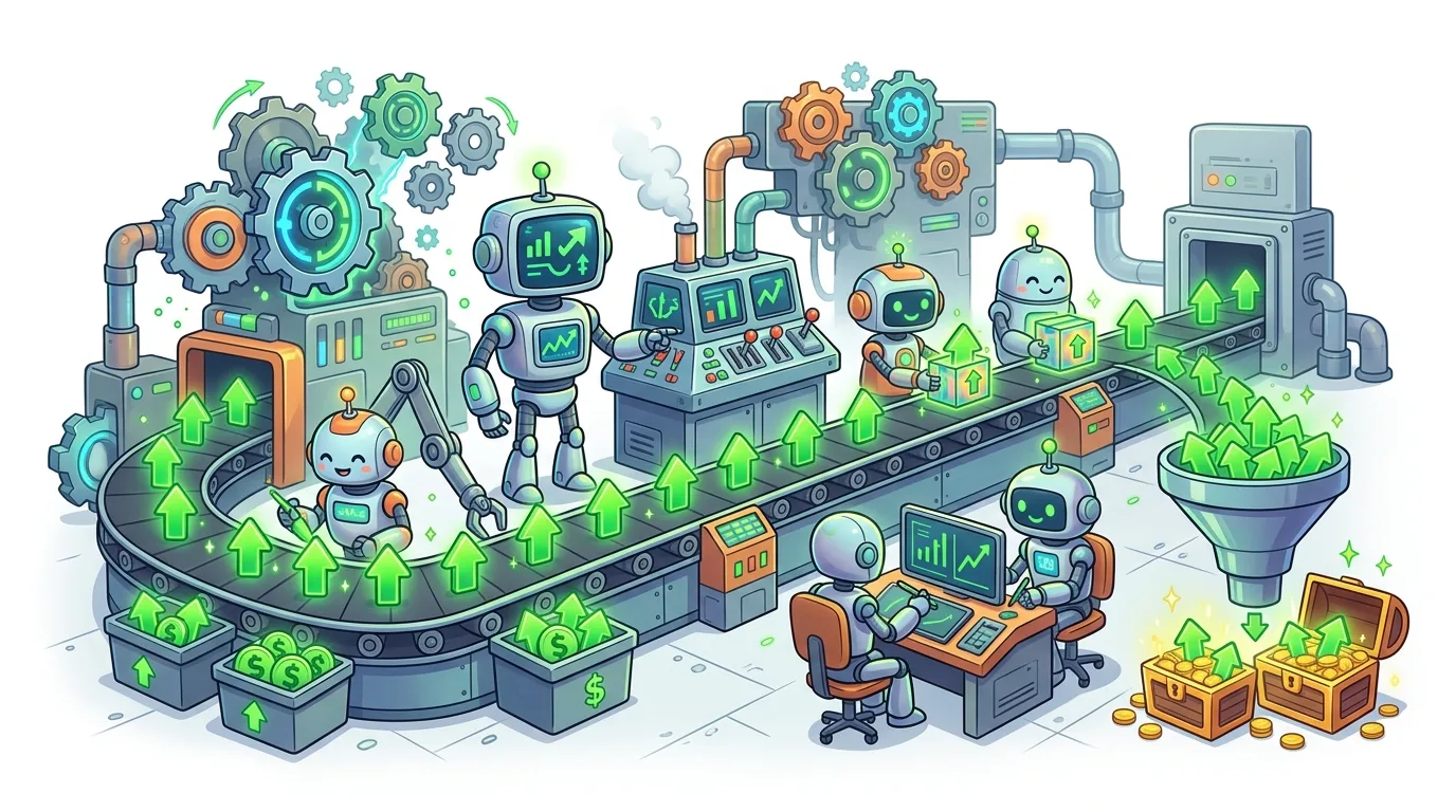 A cartoon factory with robots processing green upward arrows, symbolizing growth and profit.