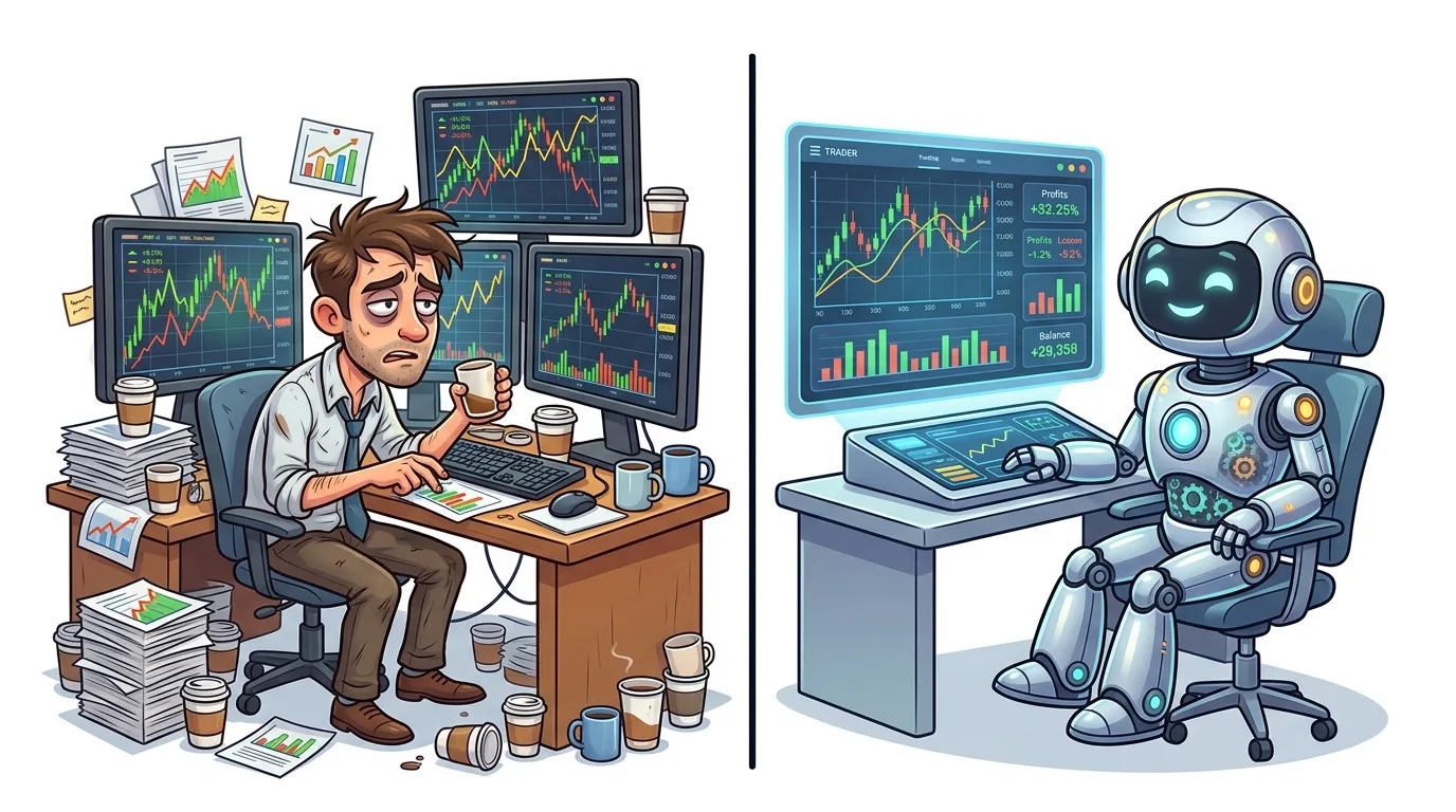 A tired human trader surrounded by screens and coffee vs. a happy robot trader with a single screen.