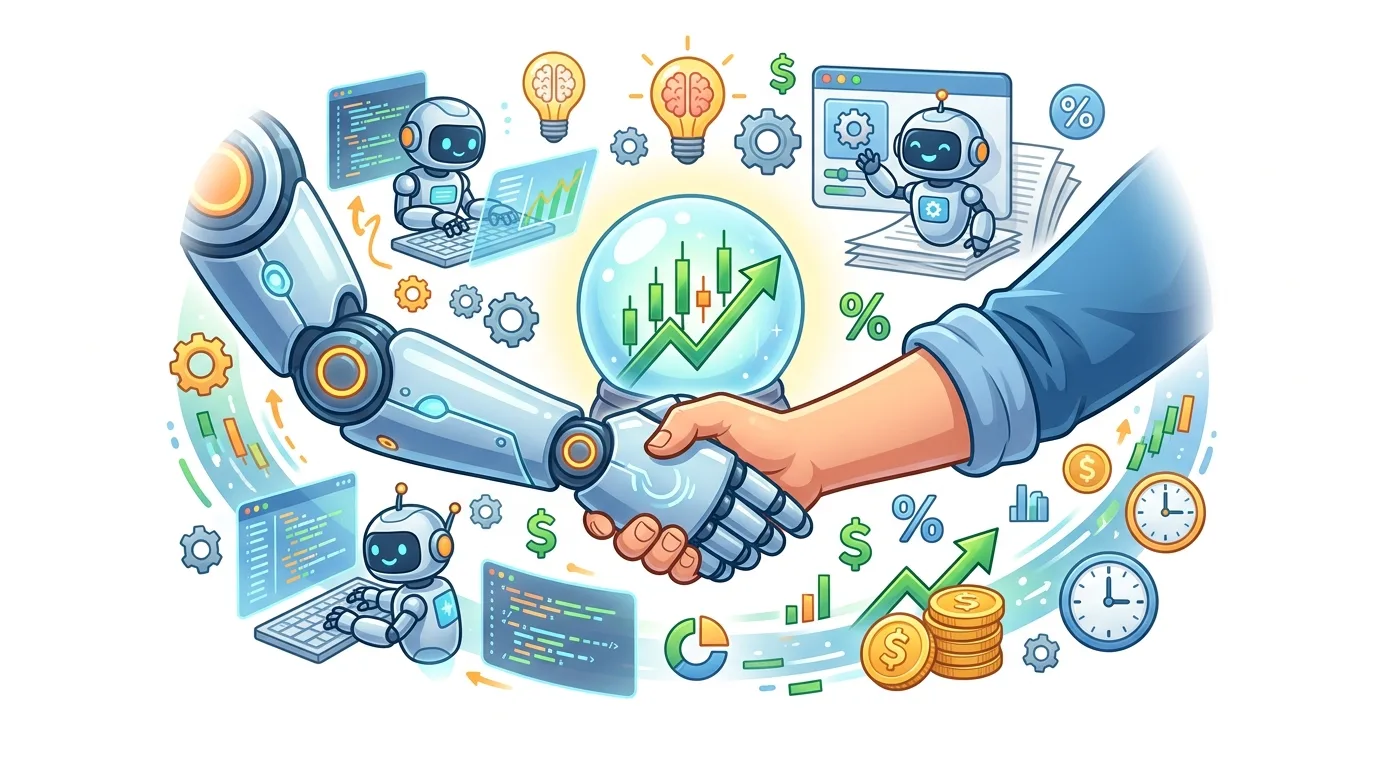A human hand and a robot hand shaking, surrounded by financial and tech elements.