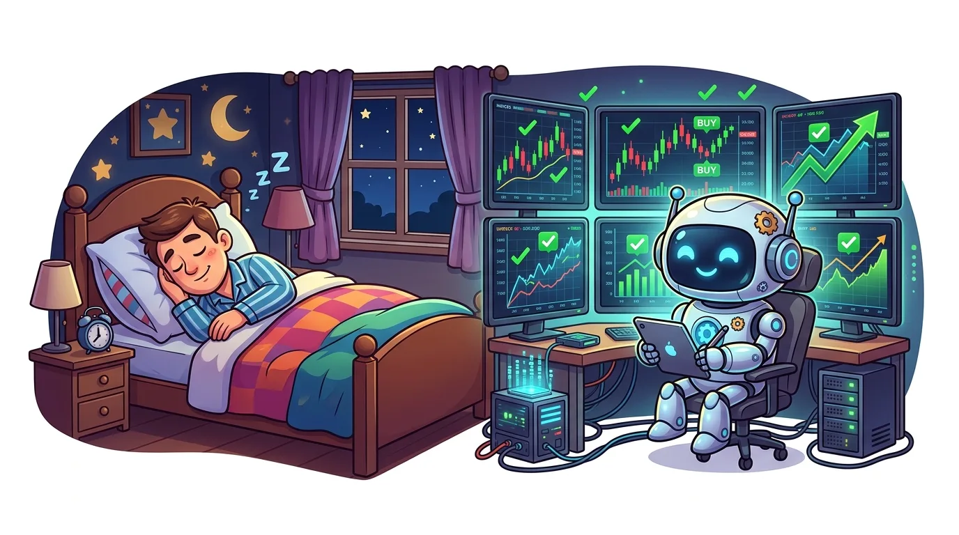 A man sleeps peacefully while a robot manages multiple trading screens with positive results.
