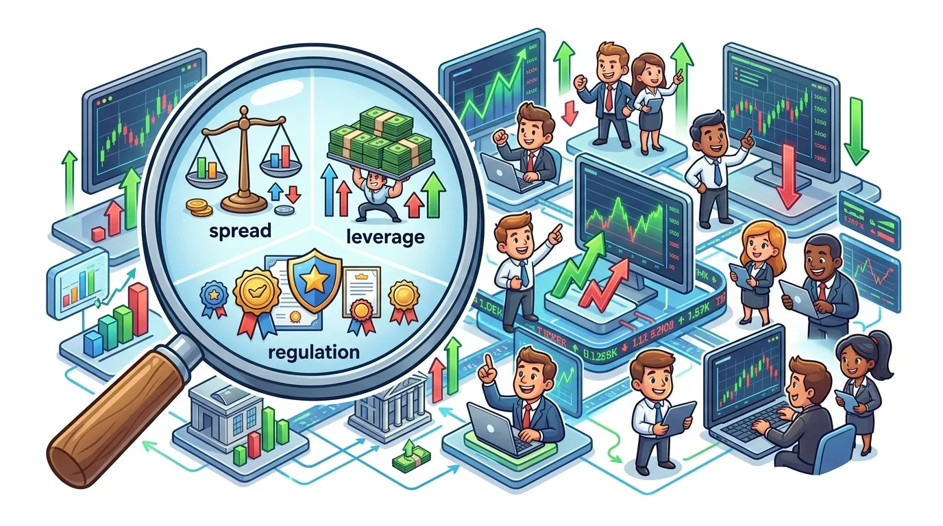An illustration depicting key aspects of trading: spread, leverage, and regulation, surrounded by traders and financial data.