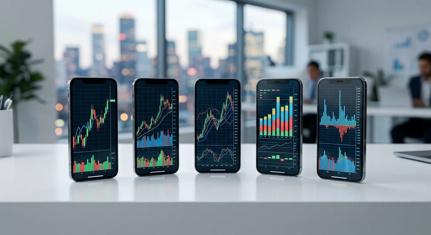 Five smartphones display various financial charts and graphs on a white desk in an office.