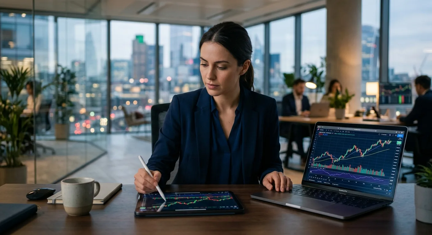A focused woman in an office analyzes financial charts on a tablet and laptop.