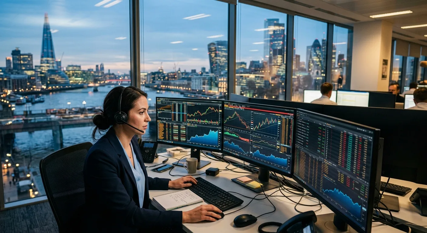 A woman in a headset monitors multiple trading screens in an office overlooking a city at dusk.