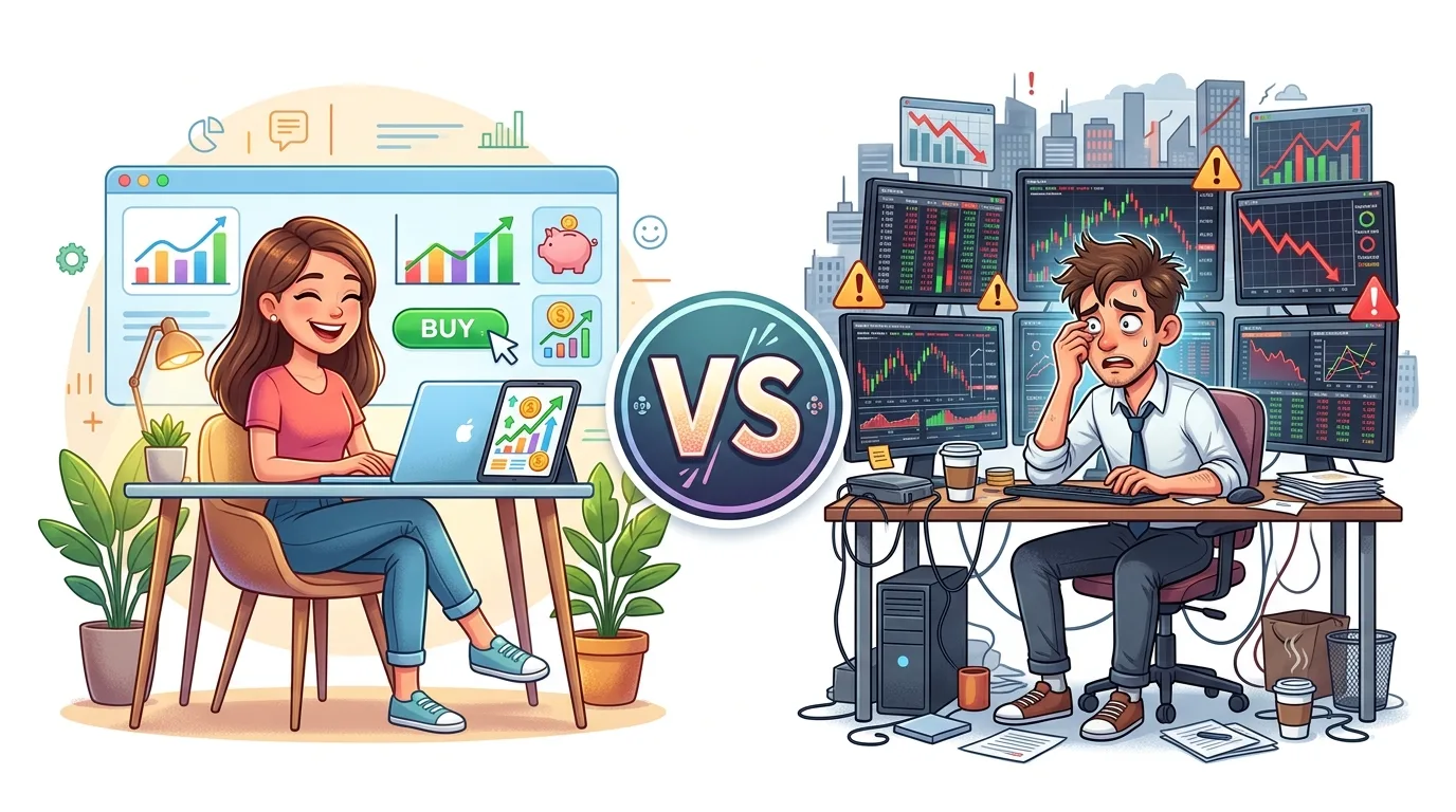 A happy woman easily investing online contrasts with a stressed man overwhelmed by trading screens.