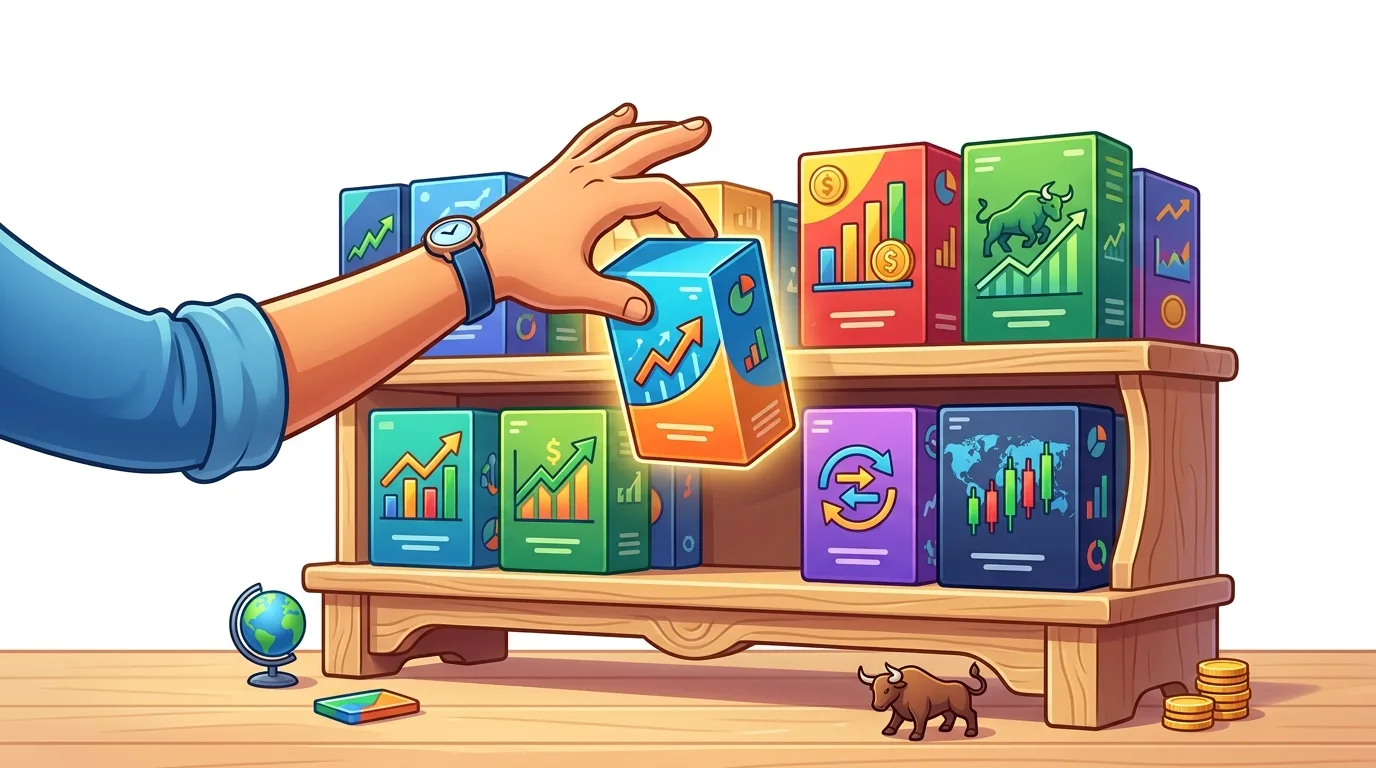 A hand places a box with a rising graph on a shelf filled with finance-themed boxes.