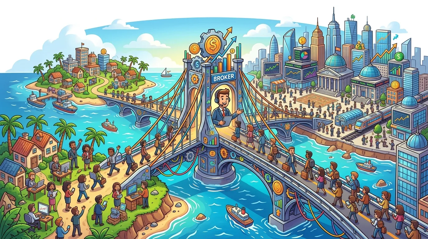 A vibrant illustration depicting a broker connecting a rural island community to a bustling financial city.
