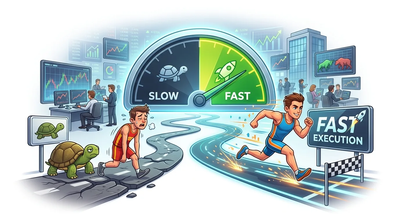 An illustration contrasting slow, turtle-like trading with fast, rocket-like execution in a financial market setting.