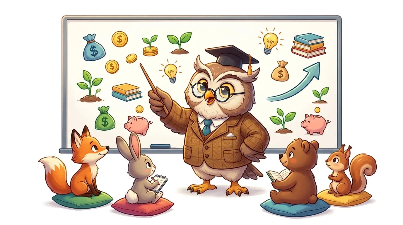 An owl teacher in a graduation cap and glasses teaches finance to forest animals.