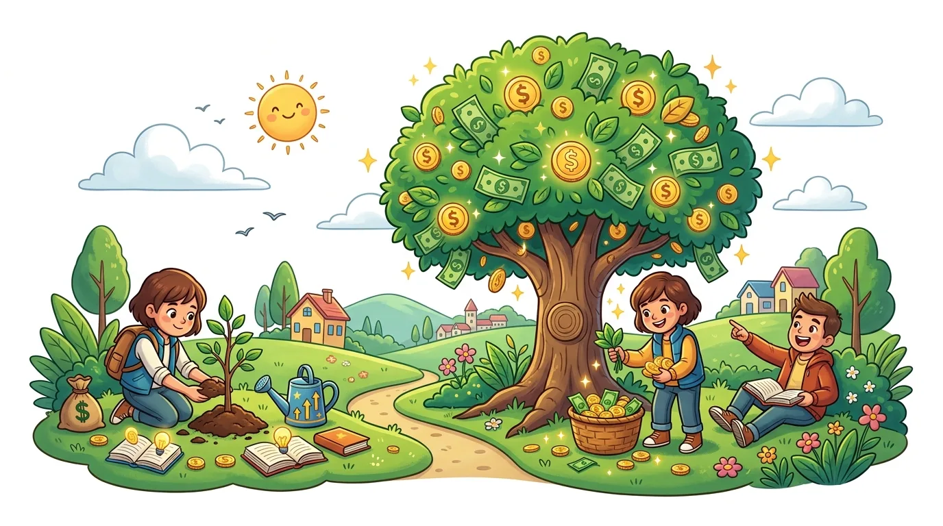 Children engaging in activities related to growth and financial prosperity, with a money tree.