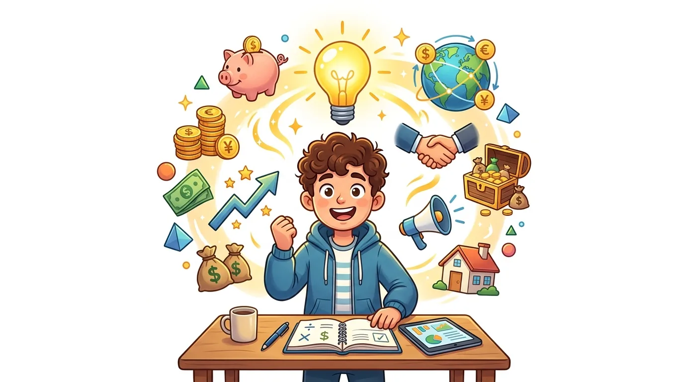 A young boy at a desk with financial symbols like money, a piggy bank, and a lightbulb representing ideas.