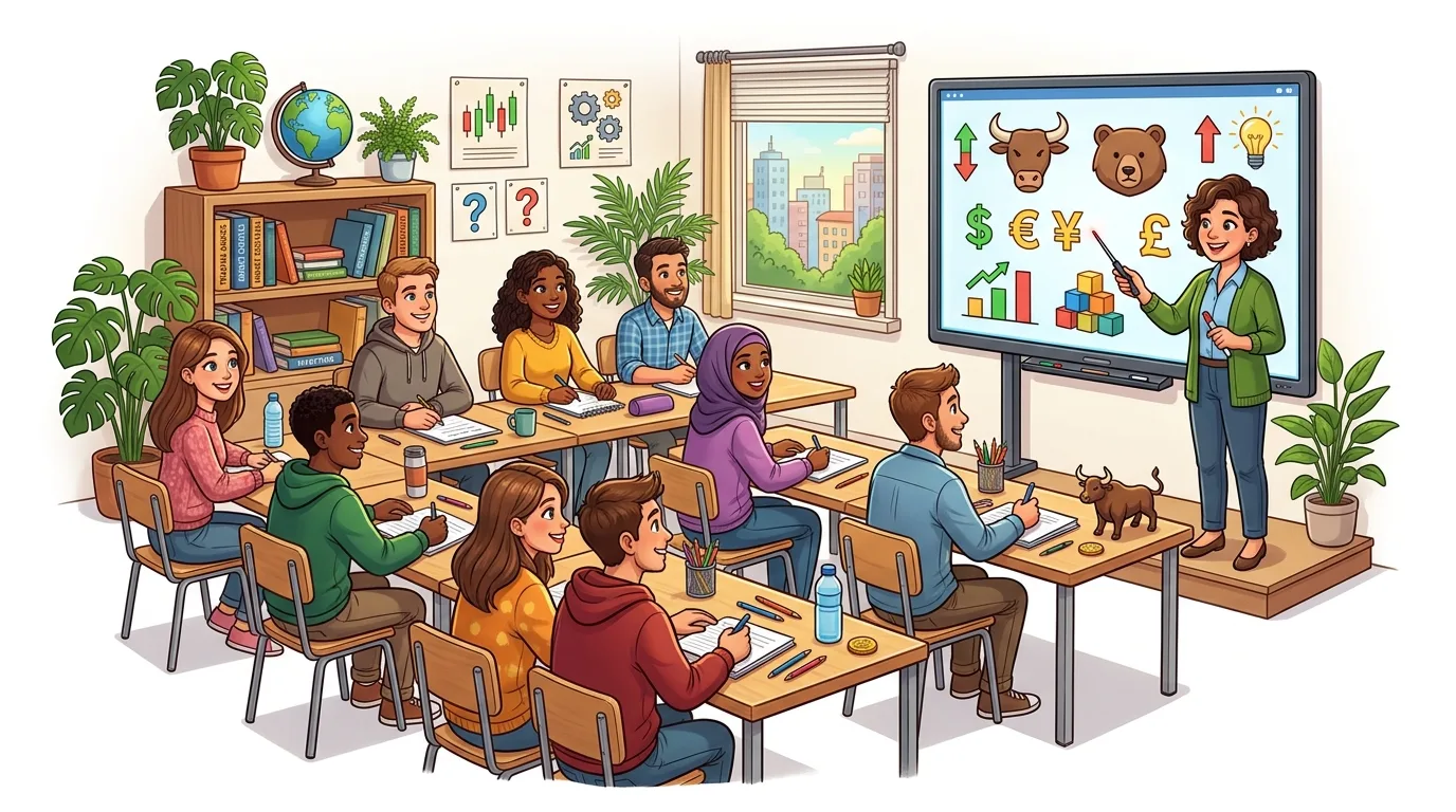 A diverse group of students learns about finance and trading from a female instructor.