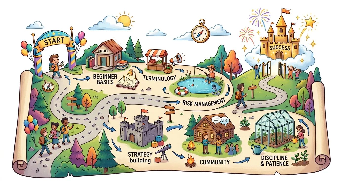 A colorful map illustrating the journey from 'Start' to 'Success' through various learning and growth stages.