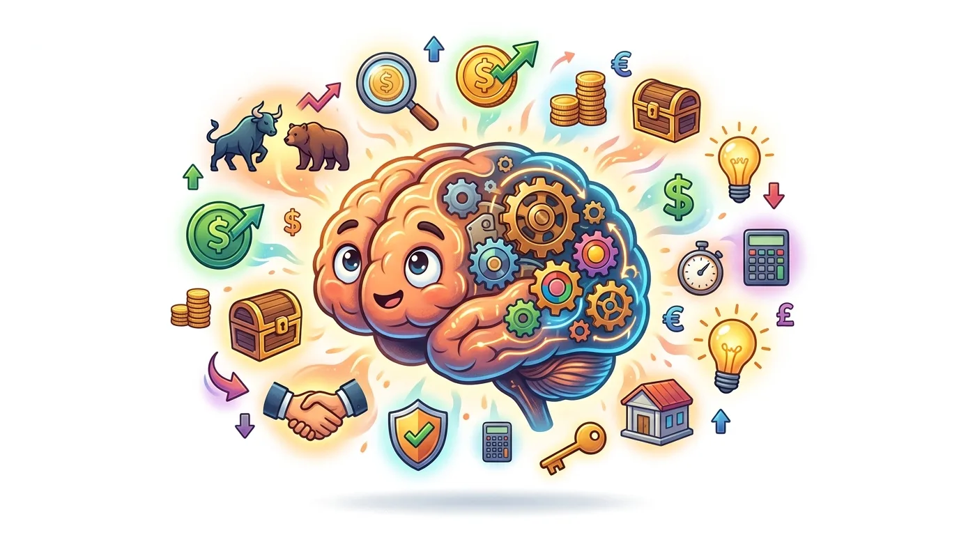 A cartoon brain with gears, surrounded by finance and investment-related icons.