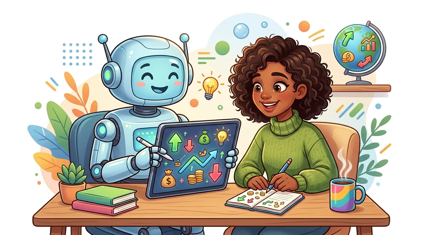 A robot and a woman collaborate on financial planning, with charts and symbols.