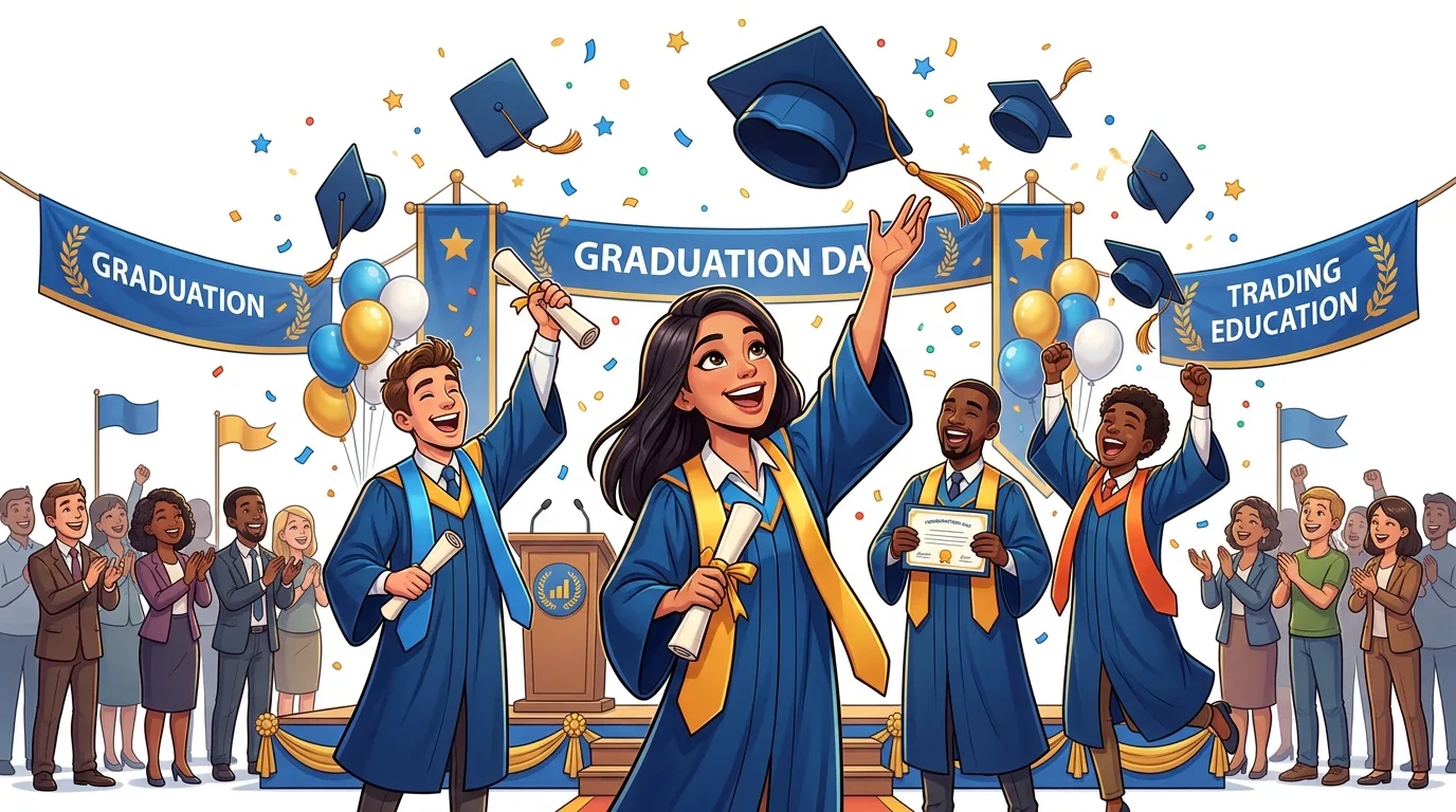 Graduates celebrate on stage with banners reading "Graduation Day" and "Trading Education."
