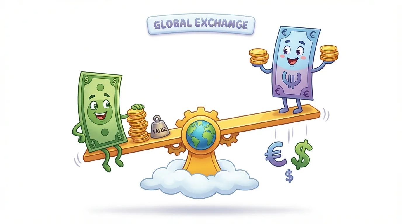 A cartoon dollar bill and euro note on a seesaw, representing global currency exchange.