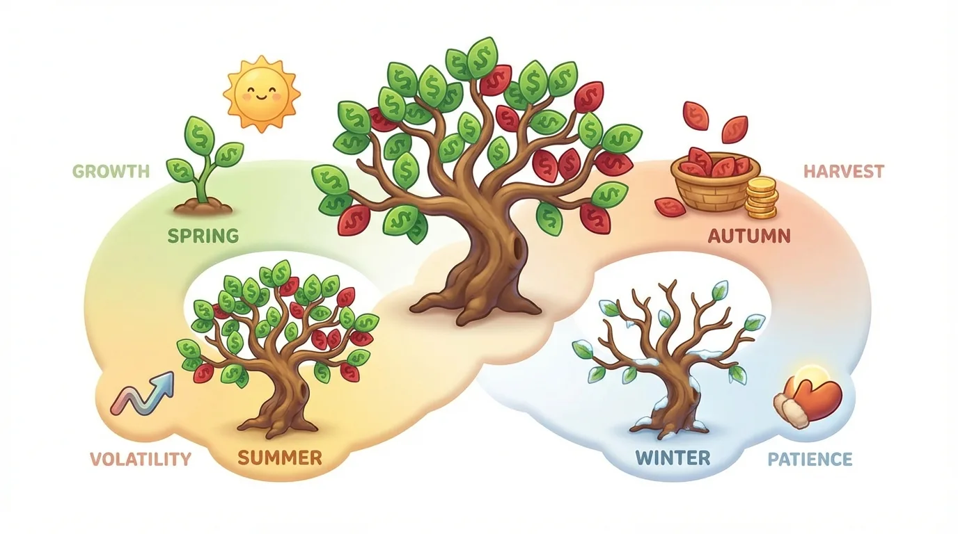 An illustration depicting the seasons of a money tree, symbolizing investment cycles.
