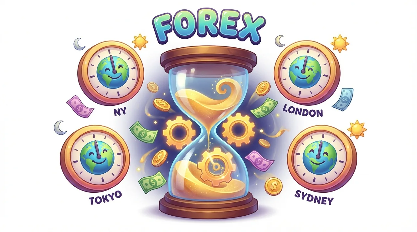 A colorful illustration depicting the global nature and continuous operation of Forex trading.