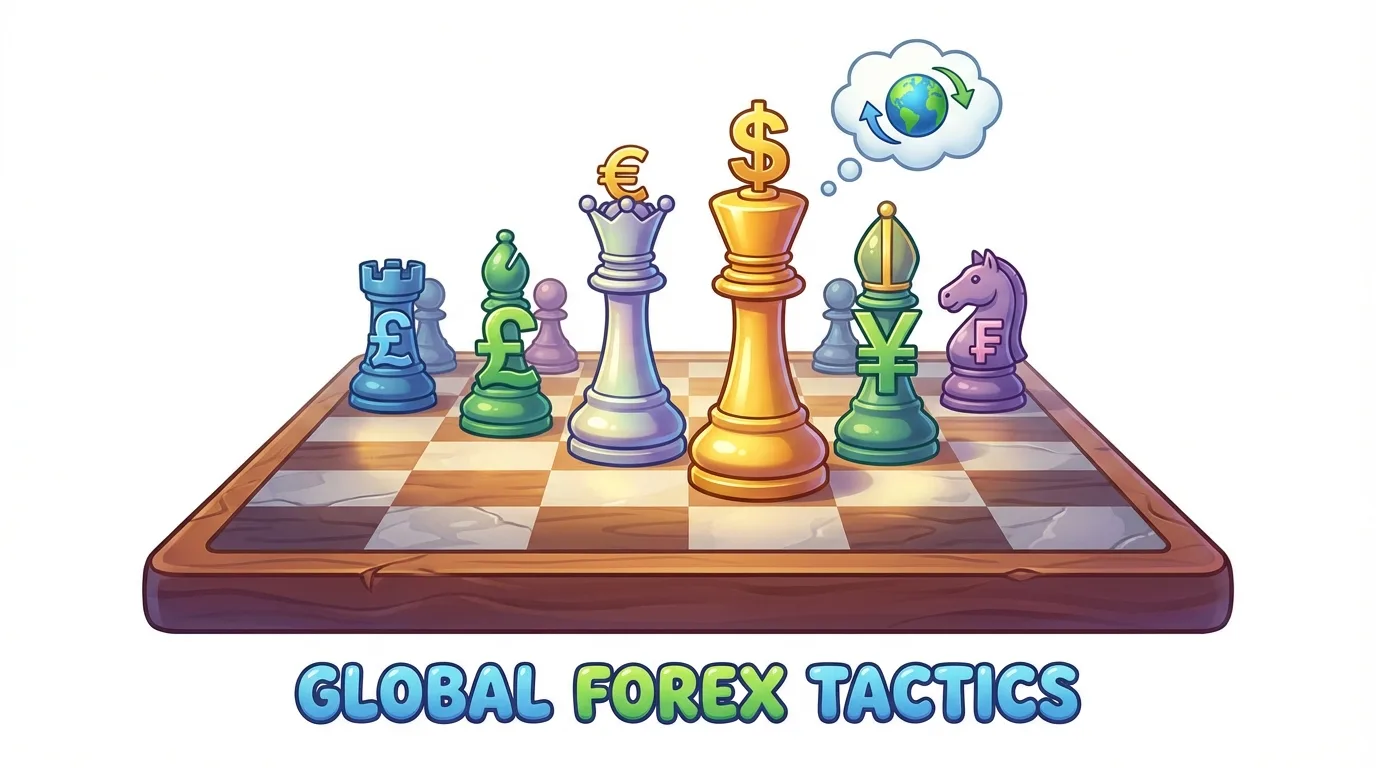 A chess board with currency symbols on pieces, representing global forex tactics.