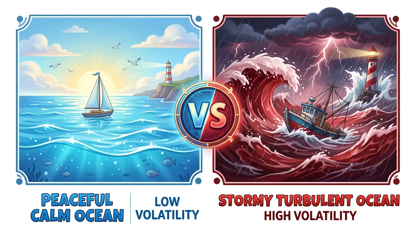 An image contrasting a peaceful, calm ocean with low volatility against a stormy, turbulent ocean with high volatility.