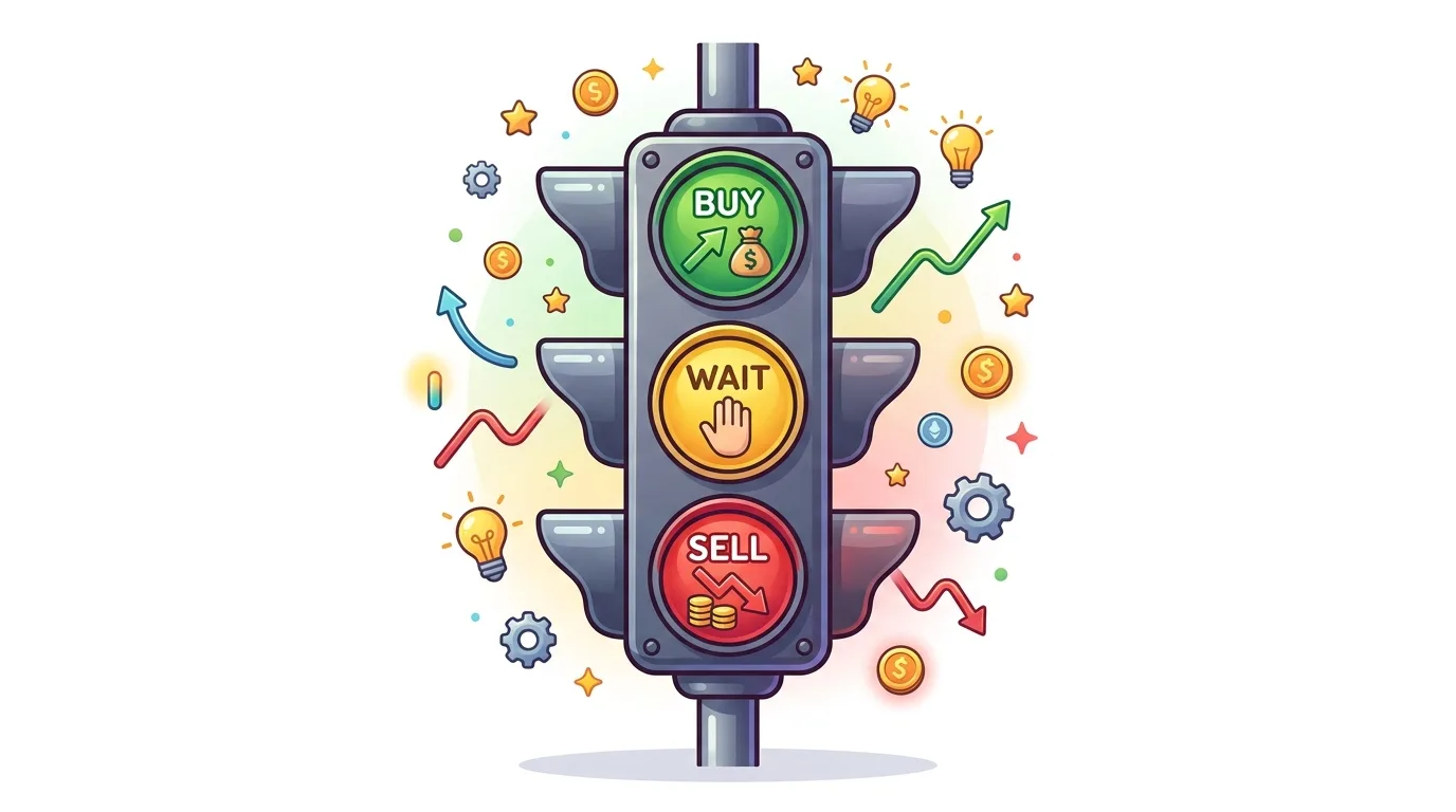 A cartoon traffic light with "BUY," "WAIT," and "SELL" signals, surrounded by finance-related icons.