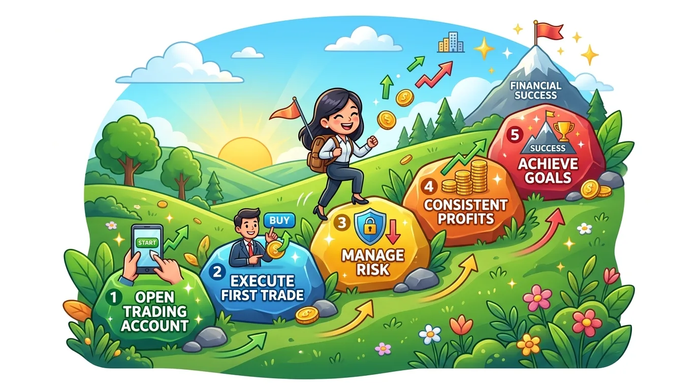 An illustration depicting a five-step journey to financial success through trading.