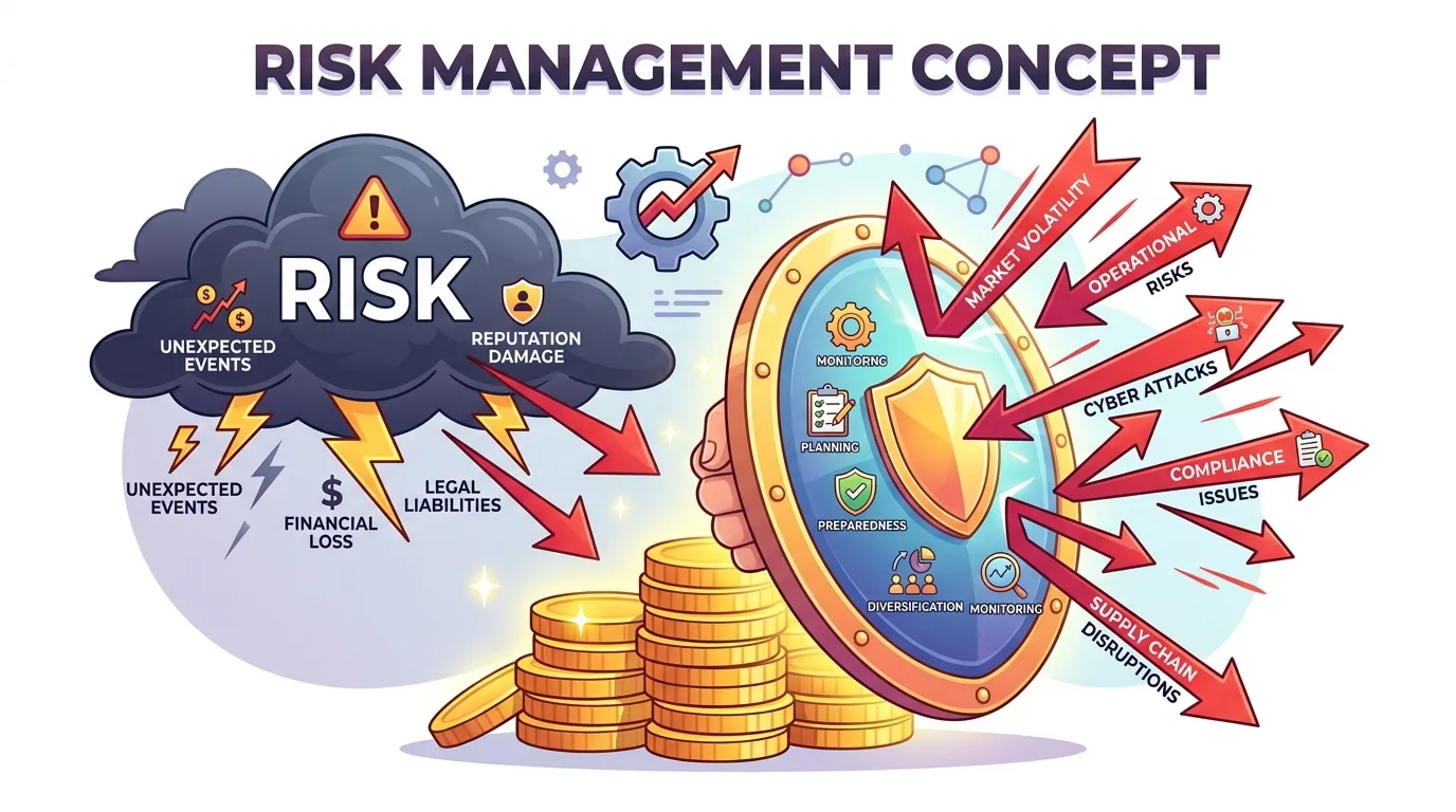 An infographic illustrating risk management, showing risks emanating from a storm cloud being mitigated by a shield.