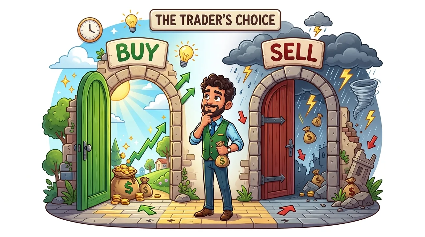 A cartoon trader stands at a crossroads between a prosperous "BUY" market and a stormy "SELL" market.
