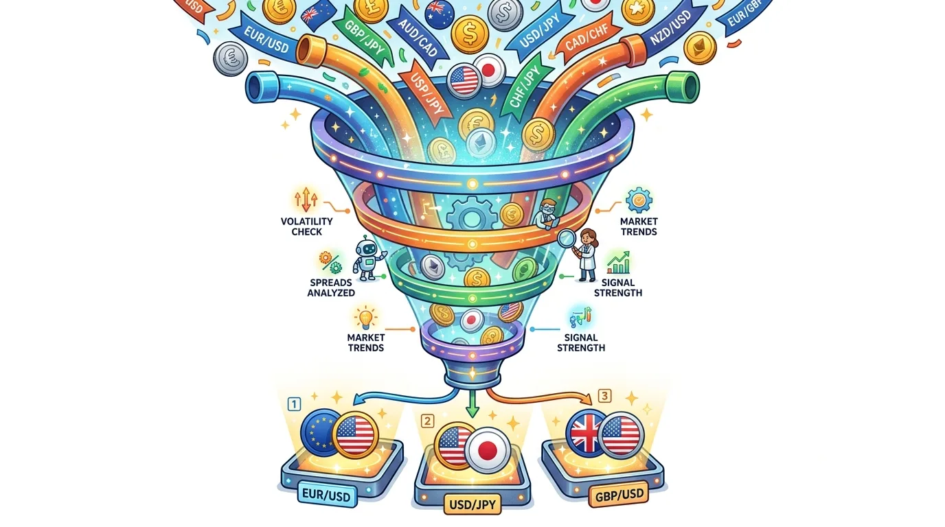 An illustration depicting various currency pairs being processed through a multi-stage analysis funnel to identify trading opportunities.