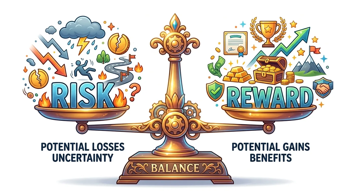 A balance scale weighing "RISK" (losses, uncertainty) against "REWARD" (gains, benefits).