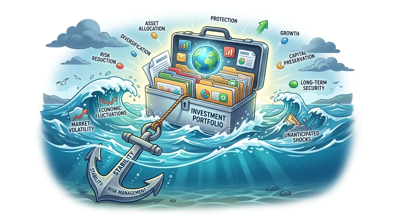 An investment portfolio briefcase anchored in turbulent waters, illustrating financial stability and growth.