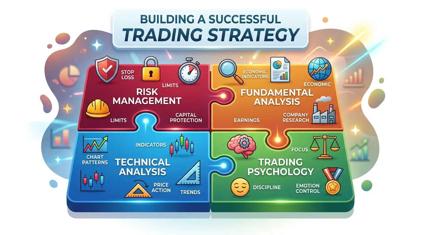 An infographic illustrating the four key components of building a successful trading strategy.