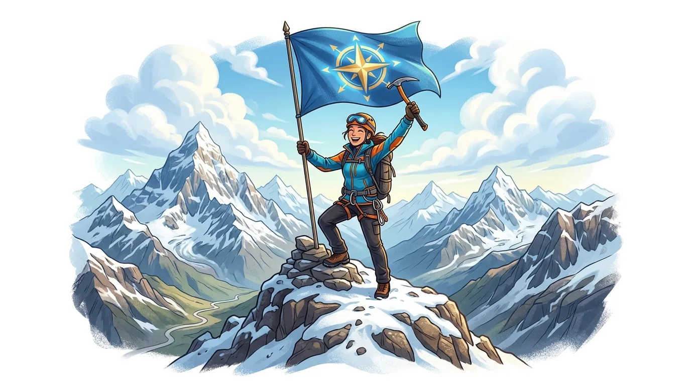 A happy climber stands on a snowy mountain peak, holding a flag with a compass rose.
