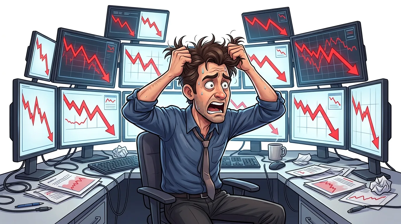 A stressed man pulls his hair out while surrounded by monitors showing crashing stock markets.