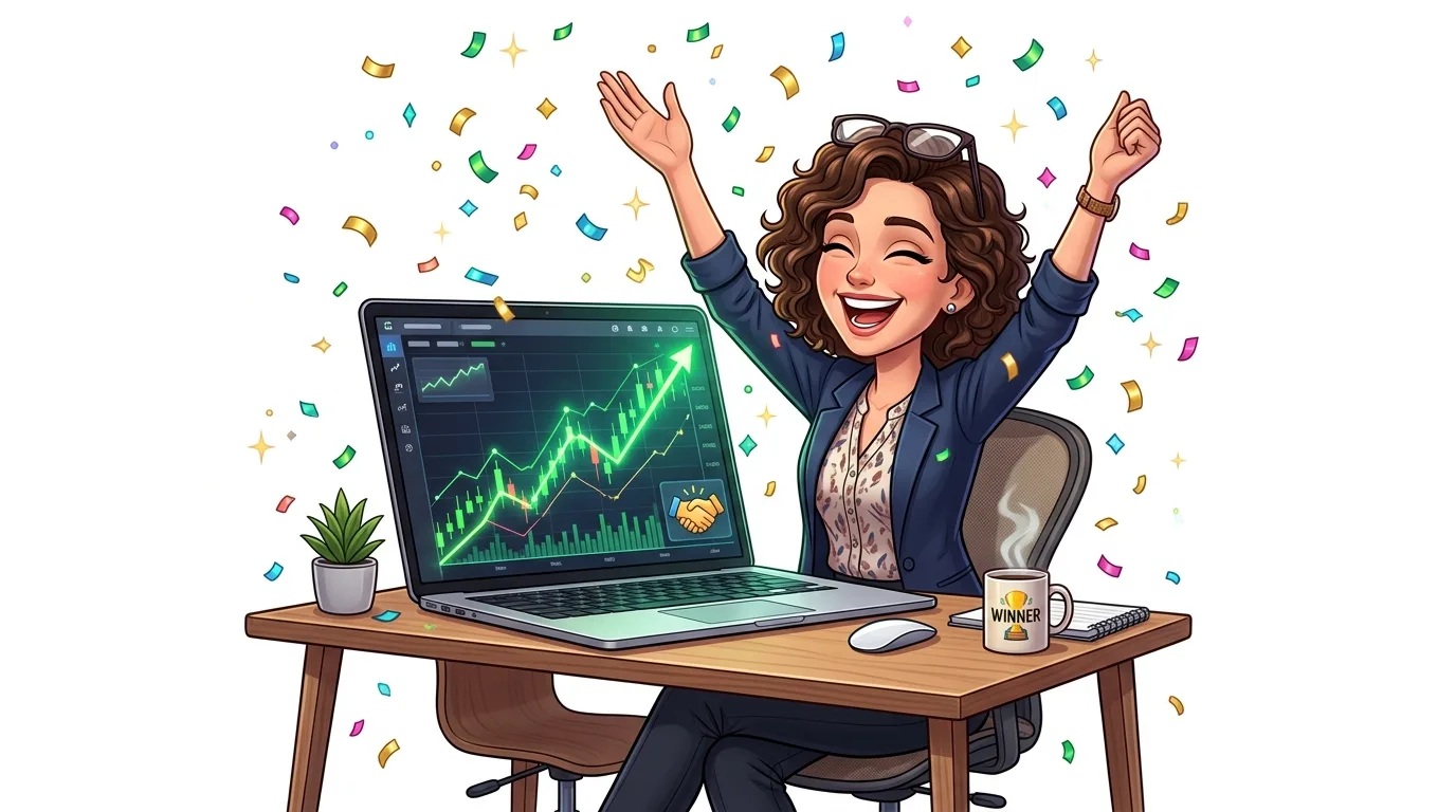 A joyful woman celebrates successful trading with a laptop displaying an upward stock chart.