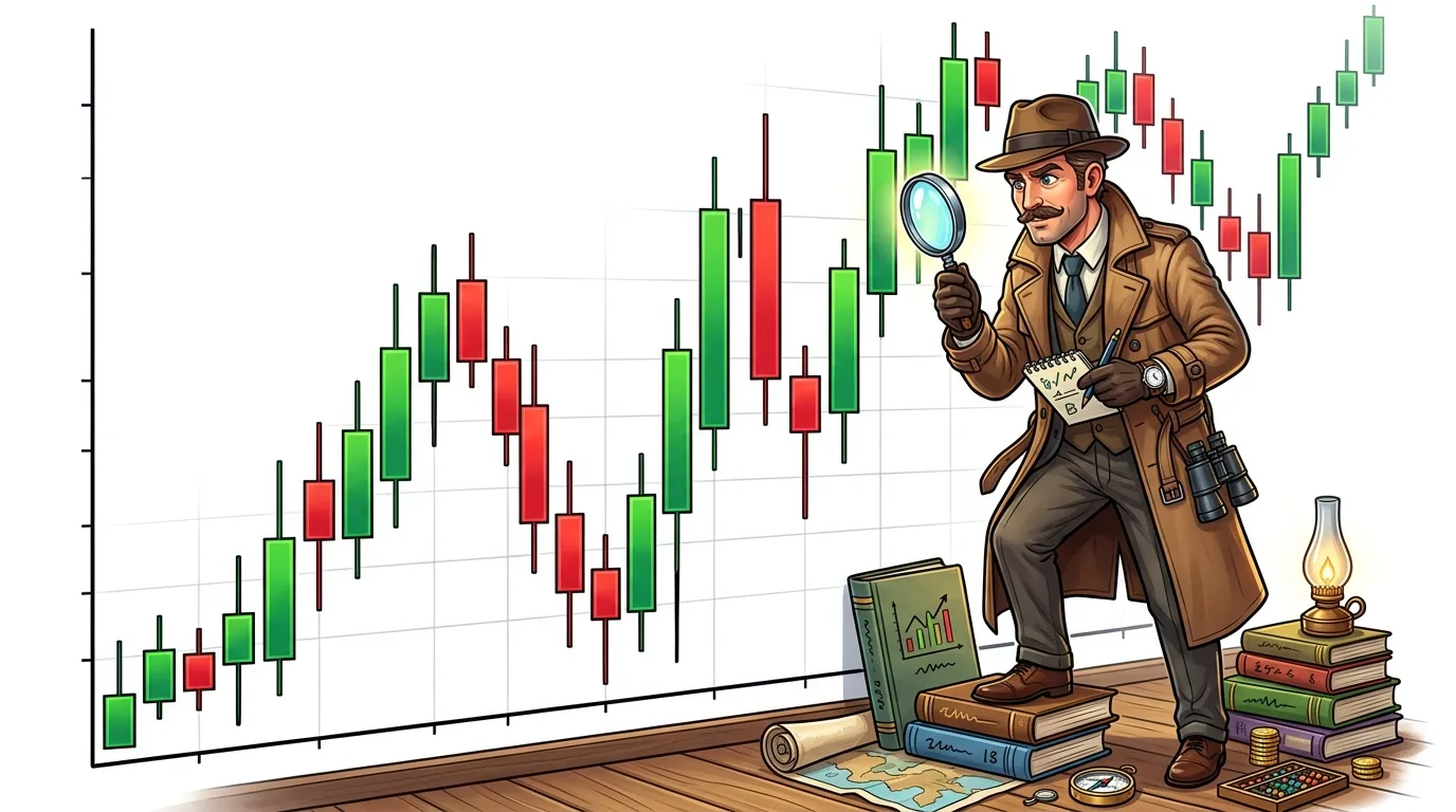 A detective-like figure analyzes a stock chart with a magnifying glass, surrounded by books and tools.