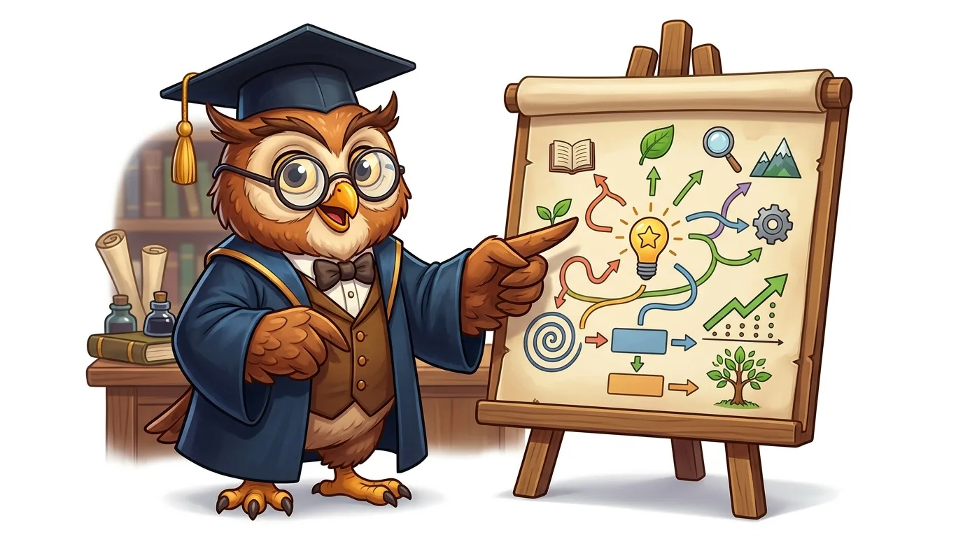 A wise owl in a graduation cap and gown points to a complex diagram on an easel.
