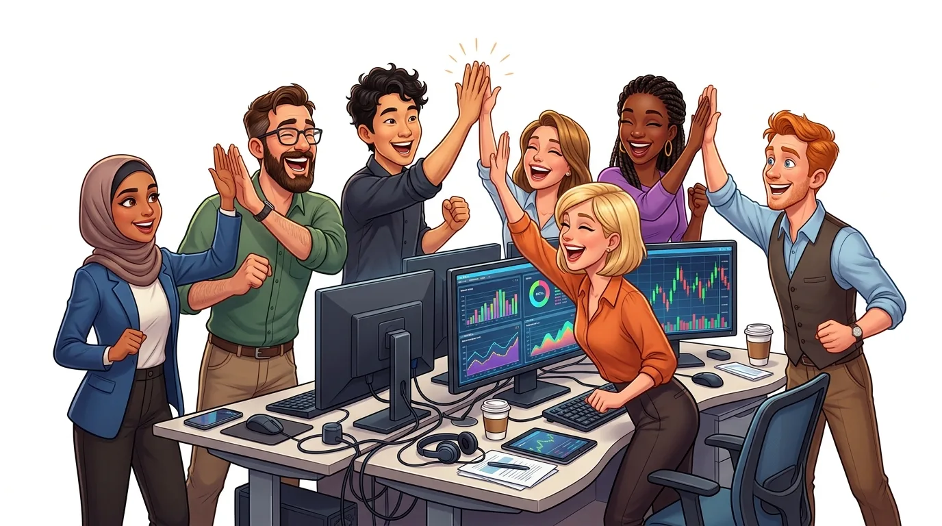 A diverse group of happy traders high-fiving around computer screens displaying financial data.