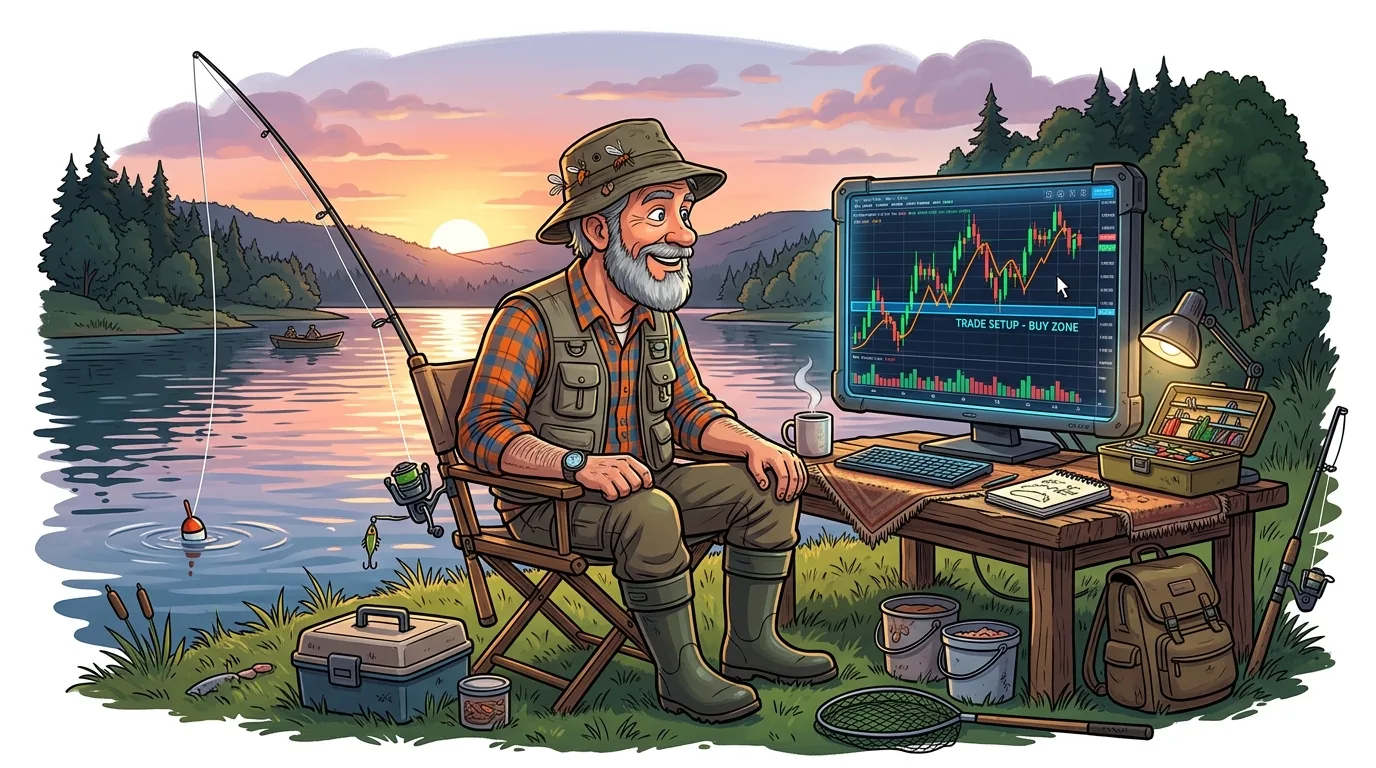A man fishing by a lake at sunset while monitoring a trading chart on a computer.