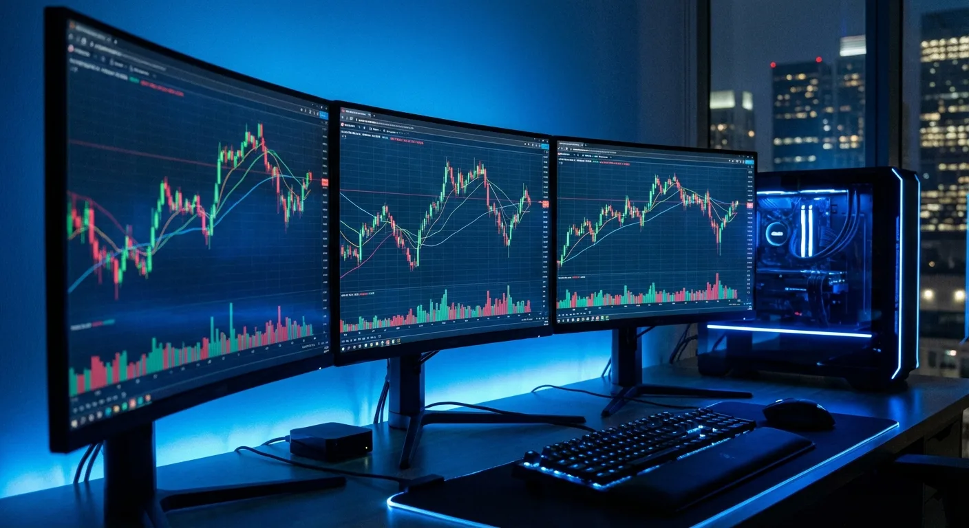 A multi-monitor setup displays financial charts in a dimly lit room with city views.